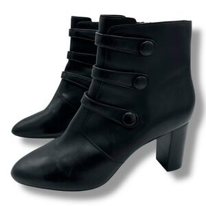 Clarks Black Leather Ankle Boots Women's Sz 10 Side Zip Buckle Detail Block Heel